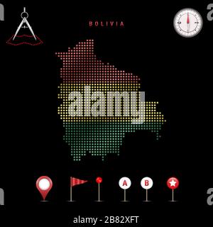 Carte pointillée de la Bolivie peinte dans les couleurs du drapeau national de la Bolivie. Effet de drapeau de spéléologie. Outils de carte, ensemble d'icônes cartographiques. Illustrateur vectoriel Illustration de Vecteur