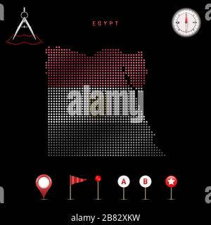 Carte pointillée de l'Egypte peinte dans les couleurs du drapeau national de l'Egypte. Effet de drapeau de spéléologie. Outils de carte, ensemble d'icônes cartographiques. Illustration vectorielle Illustration de Vecteur
