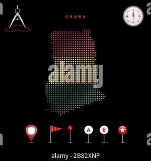 Carte pointillée du Ghana peinte dans les couleurs du drapeau national du Ghana. Effet de drapeau de spéléologie. Outils de carte, ensemble d'icônes cartographiques. Illustration vectorielle Illustration de Vecteur