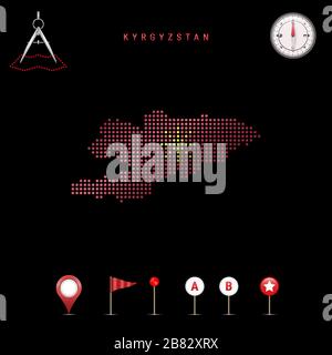 Carte pointillée du Kirghizstan peinte dans les couleurs du drapeau national du Kirghizstan. Effet de drapeau de spéléologie. Outils de carte, ensemble d'icônes cartographiques. Vecteur il Illustration de Vecteur