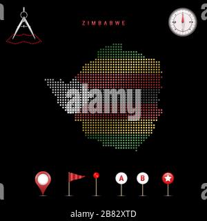 Carte pointillée du Zimbabwe peinte dans les couleurs du drapeau national du Zimbabwe. Effet de drapeau de spéléologie. Outils de carte, ensemble d'icônes cartographiques. Vecteur illust Illustration de Vecteur
