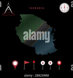Carte pointillée de la Tanzanie peinte dans les couleurs du drapeau national de la Tanzanie. Effet de drapeau de spéléologie. Outils de carte, ensemble d'icônes cartographiques. Vecteur illust Illustration de Vecteur