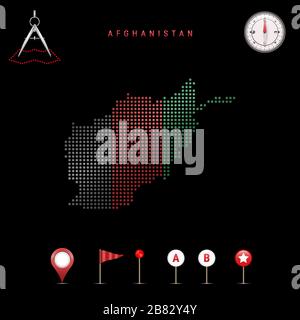Carte pointillée de l'Afghanistan peinte dans les couleurs du drapeau national de l'Afghanistan. Effet de drapeau de spéléologie. Outils de carte, ensemble d'icônes cartographiques. Vecteur Illustration de Vecteur