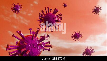 Pathogène respiratoire coronavirus COVID - 19 éclosion de grippe 3 - rendu médical. Vue microscopique des cellules flottantes du virus de l'influenza. nco asiatique dangereux Banque D'Images