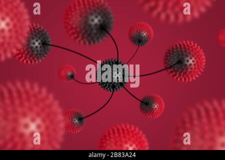 Modèle de cellules souches abstraites de virus rouge du coronavirus Covid-19 sur le fond. Concept de propagation de virus Banque D'Images