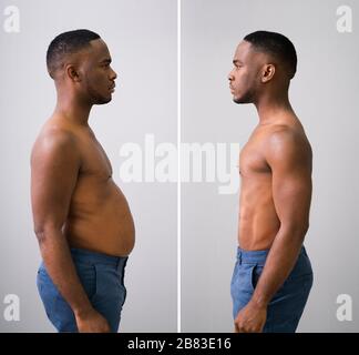 Homme avant et après de la graisse à concept mince debout contre fond gris Banque D'Images