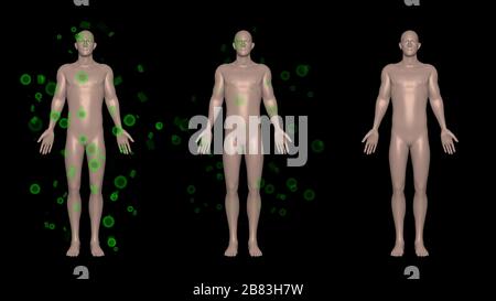 L'homme Emits virus , les germes comme des particules aéroportées à d'autres . Thème de distanciation sociale . Rendu tridimensionnel Banque D'Images