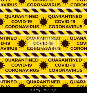 Coronavirus Covid-19 en quarantaine avec rubans à rayures. Couleur jaune et noire. Avertissement de surface Vector Design. Symbole et texte du virus. Illustration de Vecteur