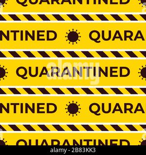Modèle vectoriel transparent mis en quarantaine. Rubans à rayures sans fin. Symbole coronavirus. Arrière-plan jaune et noir. Texture d'avertissement de surface de conception Illustration de Vecteur