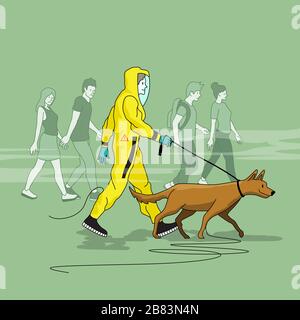 Un homme qui parle son chien pour une promenade dans le parc portant un costume HAZMAT avec des regards étranges de spectateurs. Illustration vectorielle People Illustration de Vecteur