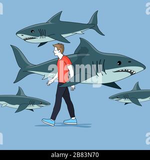 Un homme marchant le long de la rue entourée de requins. Illustration du concept People Vector. Illustration de Vecteur