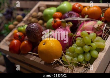 Divers types de fruits tropicaux sont placés de diverses façons. Banque D'Images
