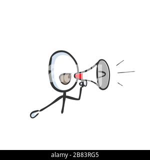 Annonce du haut-parleur du mégaphone. L'avertisseur sonore s'est éteint. Message du haut-parleur. Tiré à la main. Dessin animé stickman. Esquisse Doodle, illustration graphique vectorielle Illustration de Vecteur