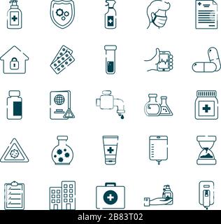 flacon de gel antibactérien et icône de concept covid 19 sur fond blanc, style de ligne, illustration vectorielle Illustration de Vecteur