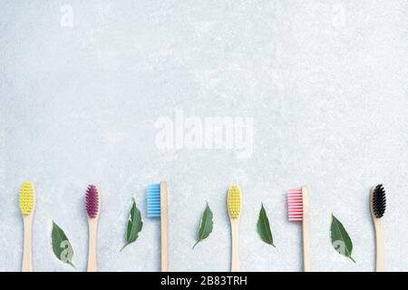 Brosses à dents en bambou naturelles écologiques avec feuilles vertes Banque D'Images