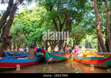 Les guides attendent de donner aux touristes des promenades en bateau à travers la forêt inondée au sud de Kampong Phluk, au Cambodge. Banque D'Images