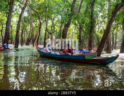 Les villageois vendent des cadeaux et des collations aux touristes sur des promenades en bateau à travers la forêt inondée au sud de Kampong Phluk, au Cambodge. Banque D'Images