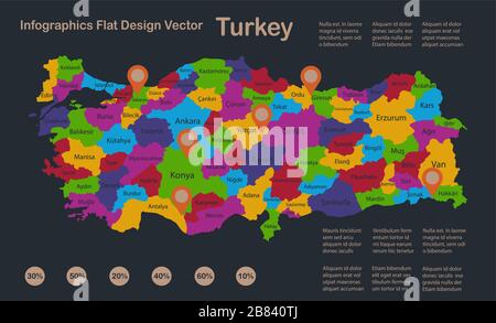 Infographies carte de la Turquie, couleurs de conception plate, avec noms de régions individuelles, fond bleu avec vecteur de points orange Illustration de Vecteur