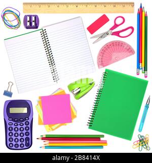 Assortiment de fournitures scolaires ou de bureau isolées individuellement sur blanc Banque D'Images
