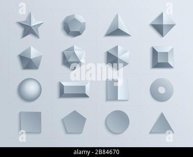 Collection graphique de différentes figures géométriques présentées dans différentes dimensions sur fond gris Illustration de Vecteur