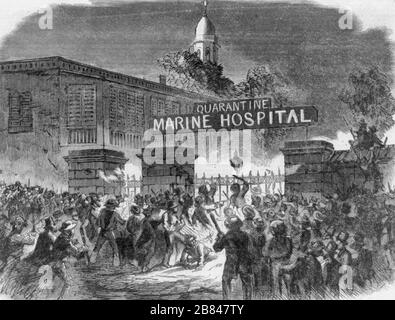 Attaque contre l'établissement de quarantaine, Staten Island, NY, le 1er septembre 1858. L'hôpital de quarantaine maritime, qui a été utilisé pour les immigrants, pour protester contre le danger pour la santé. Banque D'Images