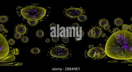 Vue panoramique à 360° de Le rendu du virus Microscope en trois dimensions - les bactéries se rapprogent. Image VR 360 équirectangulaire. L'arrière-plan médical panoramique.