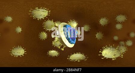 Vue panoramique à 360° de Le rendu du virus Microscope en trois dimensions - les bactéries se rapprogent. Image VR 360 équirectangulaire. L'arrière-plan médical panoramique.