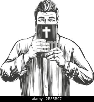 L'homme protège son visage avec la Bible , le salut est dans la parole de Dieu, les mains tenant la Sainte Bible, l'évangile, le symbole du christianisme vecteur tiré à la main Illustration de Vecteur