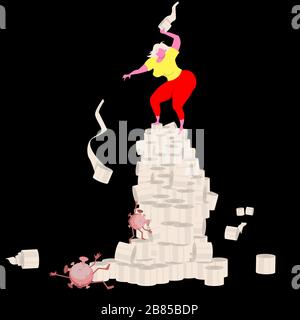 La victoire est la nôtre! Une fille debout sur une tour de rouleaux de papier de toilette combat un coronavirus monter. Concept humoristique de personnage de dessin animé. Vecteur il Illustration de Vecteur
