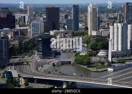 Vue sur les gratte-ciel de Rotterdam avec le pont Ersamusbridge au premier plan, prise de l'ascension de Rotterdam aux Pays-Bas Banque D'Images