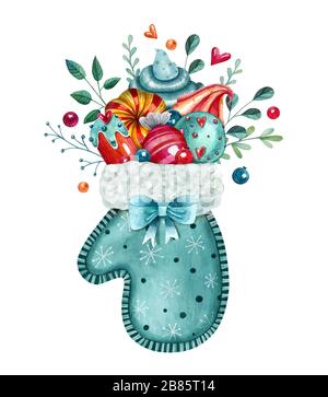 Illustration en aquarelle avec mantine bleue pleine de bonbons, sucettes, coeurs et éléments de décoration. Jolie carte postale aquatique avec bonbons. Banque D'Images