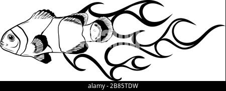 Poisson d'anémone isolé sur blanc. Clowfish en jaune, noir et blanc Illustration de Vecteur