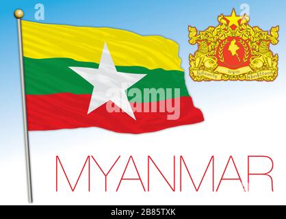 Drapeau national officiel du Myanmar et armoiries, pays asiatique, illustration vectorielle Illustration de Vecteur