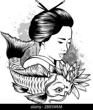 Poisson koï dessiné à la main avec tatouage de fleurs pour ARM.Carpe Koi Coloré avec éclaboussures d'eau Illustration de Vecteur