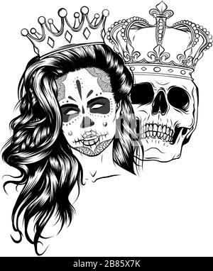 Tatouage de roi et de la reine de la mort. Portrait d'un crâne avec une couronne. Illustration de Vecteur