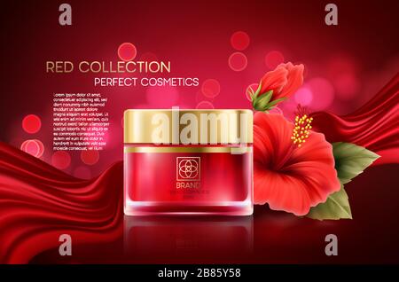 Produits cosmétiques avec composition de collection de luxe sur fond rouge flou bokeh avec fleurs hibiscus. Illustration vectorielle Illustration de Vecteur