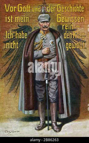 GUILLAUME II (1859-1941) Empereur allemand. Affiche avec un libellé qu'il ne voulait jamais la guerre. Banque D'Images