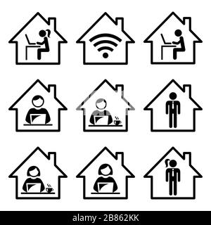 Les personnes travaillant à partir d'un jeu d'icônes vectorielles à domicile, l'homme indépendant et la femme travaillant sur leur ordinateur portable, ordinateur, design de bureau à domicile Illustration de Vecteur
