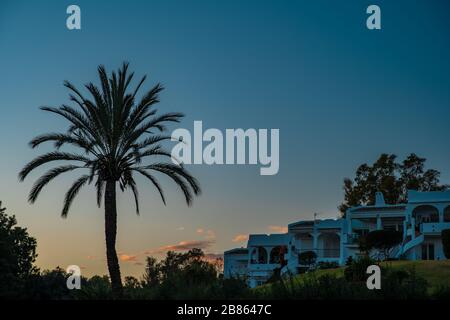 Complexe touristique tropical avec silhouette de palmiers et de belles villas au coucher du soleil Banque D'Images