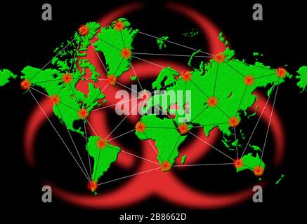 Illustration ou graphique montrant la propagation mondiale de l'infection ou du virus infectieux sur la carte mondiale lors d'une pandémie de virus Coronavirus COVID 19.virus. Banque D'Images