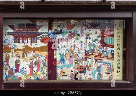 tokyo, japon - 28 janvier 2020: Des panneaux illustratifs retracent l'histoire du temple Senso-ji dédié à la divinité Kannon dans le shoppin Nakamise Banque D'Images