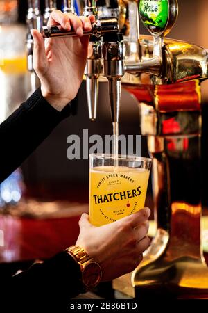 Un verre de cidre Thatchers. Banque D'Images