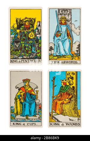 Jeu de cartes Rois Rider Tarot conçues par Pamela Colman Smith sous la supervision d'Arthur Edward Waite - Roi des pentacules, épées, tasses et baguettes Banque D'Images