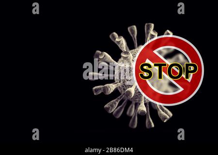 Stop Covid-19 - concept de Coronavirus. Virus corona asiatique dangereux avec superposition DE panneaux STOP. Banque D'Images