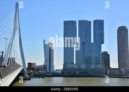 Rotterdam, Pays-Bas-juin 2019; vue large du célèbre bassicule Erasmus musbrug à Rotterdam avec en arrière-plan le bu architectural intéressant Banque D'Images