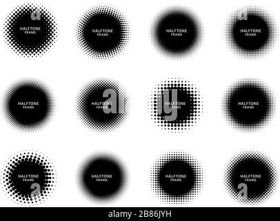 Cadres demi-tons ronds. Les cercles noirs avec la texture en pointillés, le gradient de points et les formes de cercles libeller le vecteur de cadre Illustration de Vecteur