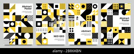 Affiches géométriques néo. Grille moderne avec formes géométriques. Ensemble vectoriel abstrait d'arrière-plans jaune, blanc et noir Illustration de Vecteur