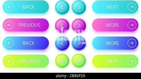 Boutons de gradient. Bouton Suivant et Précédent, boutons Précédent colorés et autres jeux de vecteurs Illustration de Vecteur