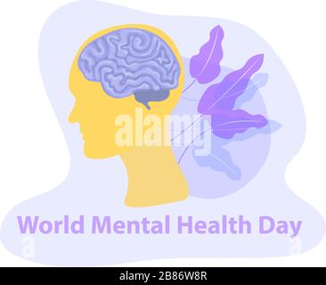 Journée mondiale de la santé mentale. Silhouette de la tête d'un homme avec le cerveau. Isolé sur un fond blanc. Illustration vectorielle Illustration de Vecteur