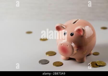 boîte d'argent de porc rose avec pièces sur fond en bois Banque D'Images